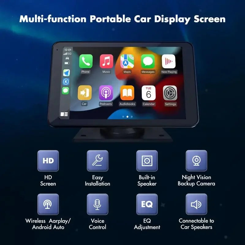 2024 Newest Portable Carplay Screen for Car, 7 Inch IPS Touchscreen Car Stereo Support Wireless Carplay