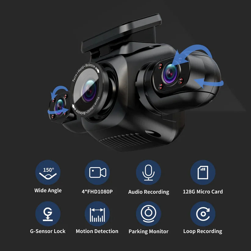 360° 4-Channel Dash Cam with Front, Rear, and Side Views - GPS & WiFi Enabled for Ultimate Safety