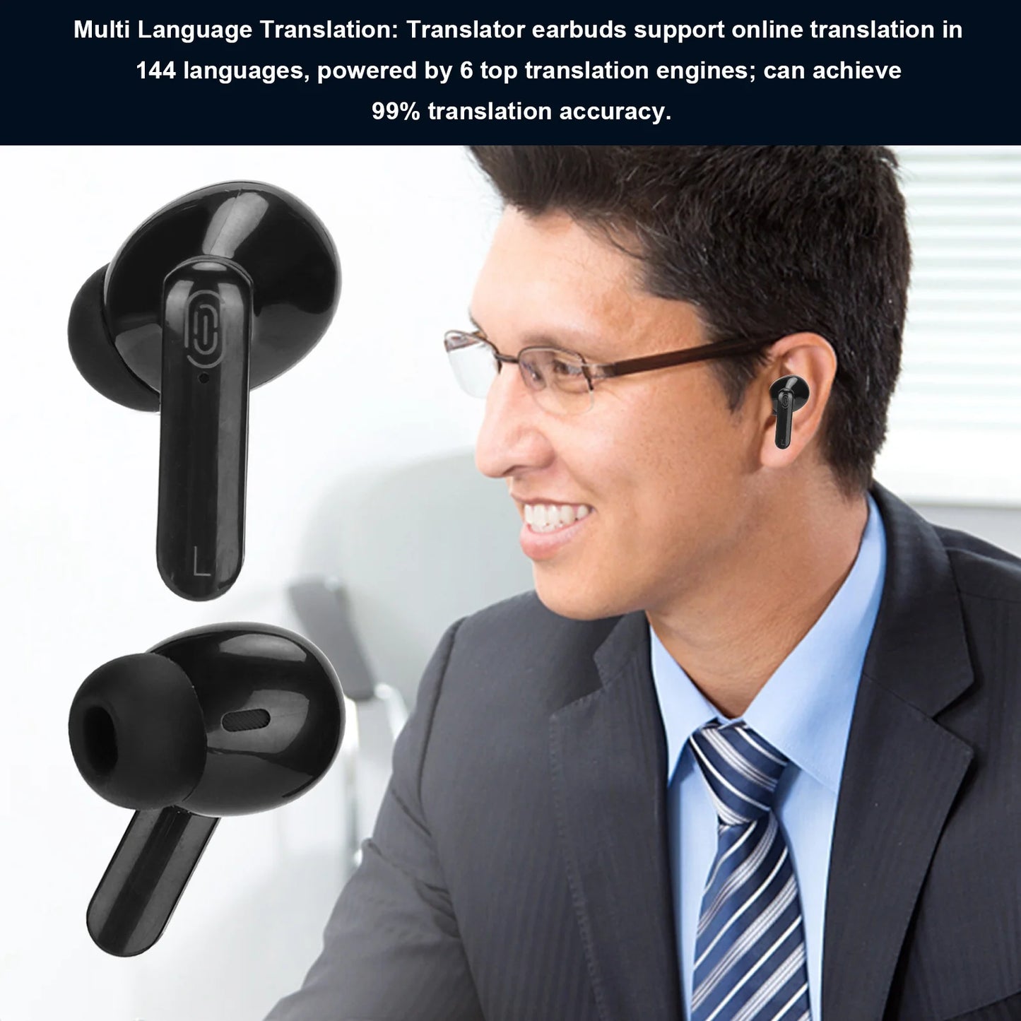 Multifunctional Bluetooth Language Translator Earbuds 144 Languages Support for Travel Shopping Black